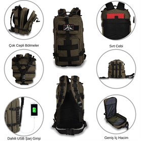 My Valice Smart Bag Army 30 lt Usb Şarj Girişli Outdoor Dağcı Sırt Çantası Siyah